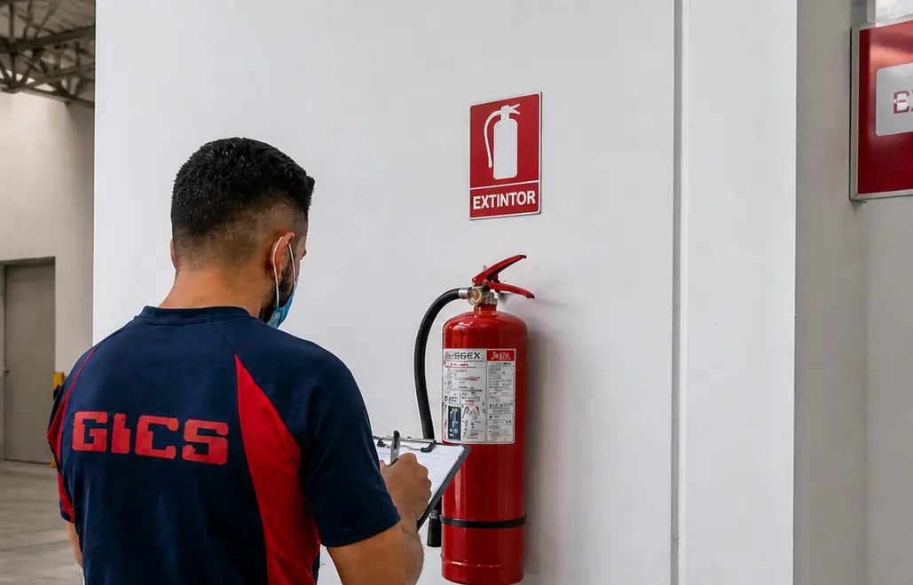 Técnico de GICS Seguretat revisando un extintor durante una visita a una instalación
