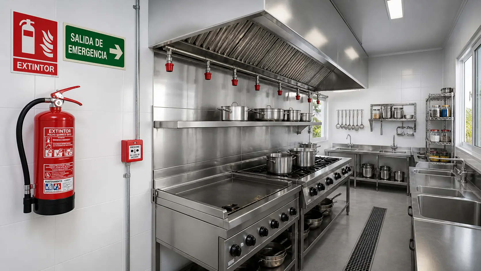 Cocina industrial de un restaurante con campana extractora, normativa contra incendios en restaurantes