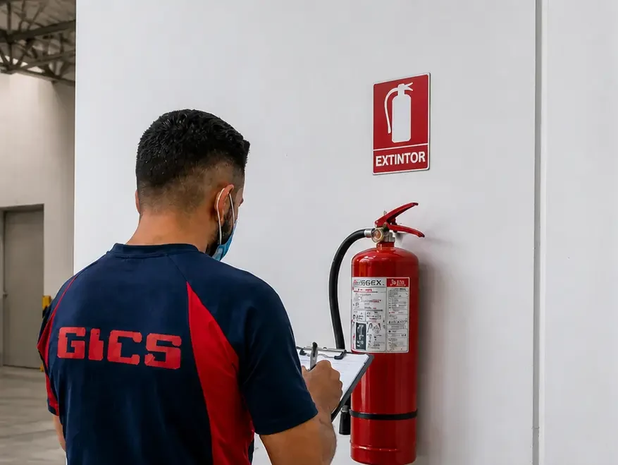 Técnico de GICS Seguretat revisando un extintor en Mataró, protección contra incendios en Mataró y el Maresme