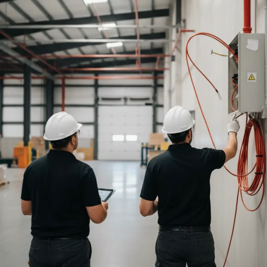 Técnicos de GICS Seguretat revisando la instalación contra incendios de una nave industrial