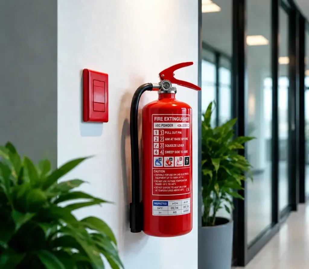 Extintor y pulsador de alarma en una oficina, mantenimiento de protección contra incendios